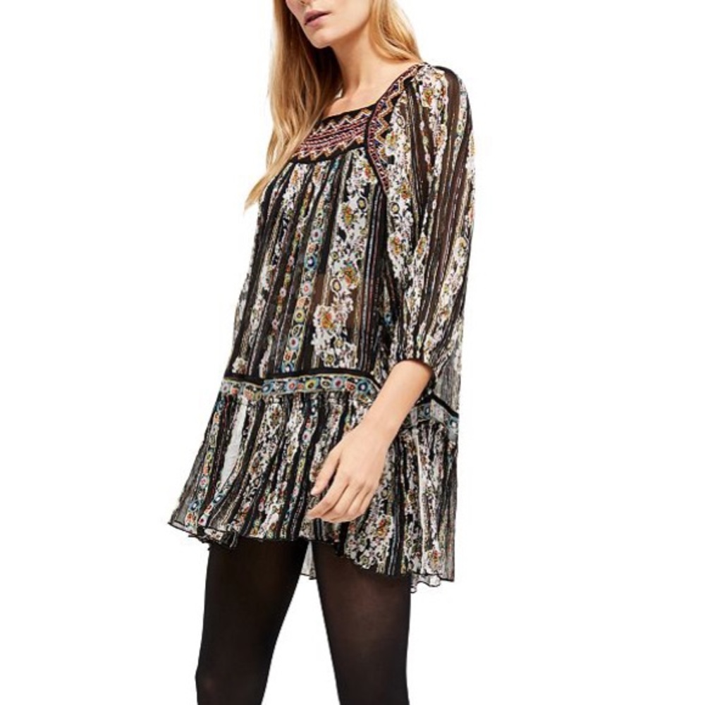 NWT FREE PEOPLE DANCE MAGIC EMBROIDERED TUNIC DRESS IN BLACK
